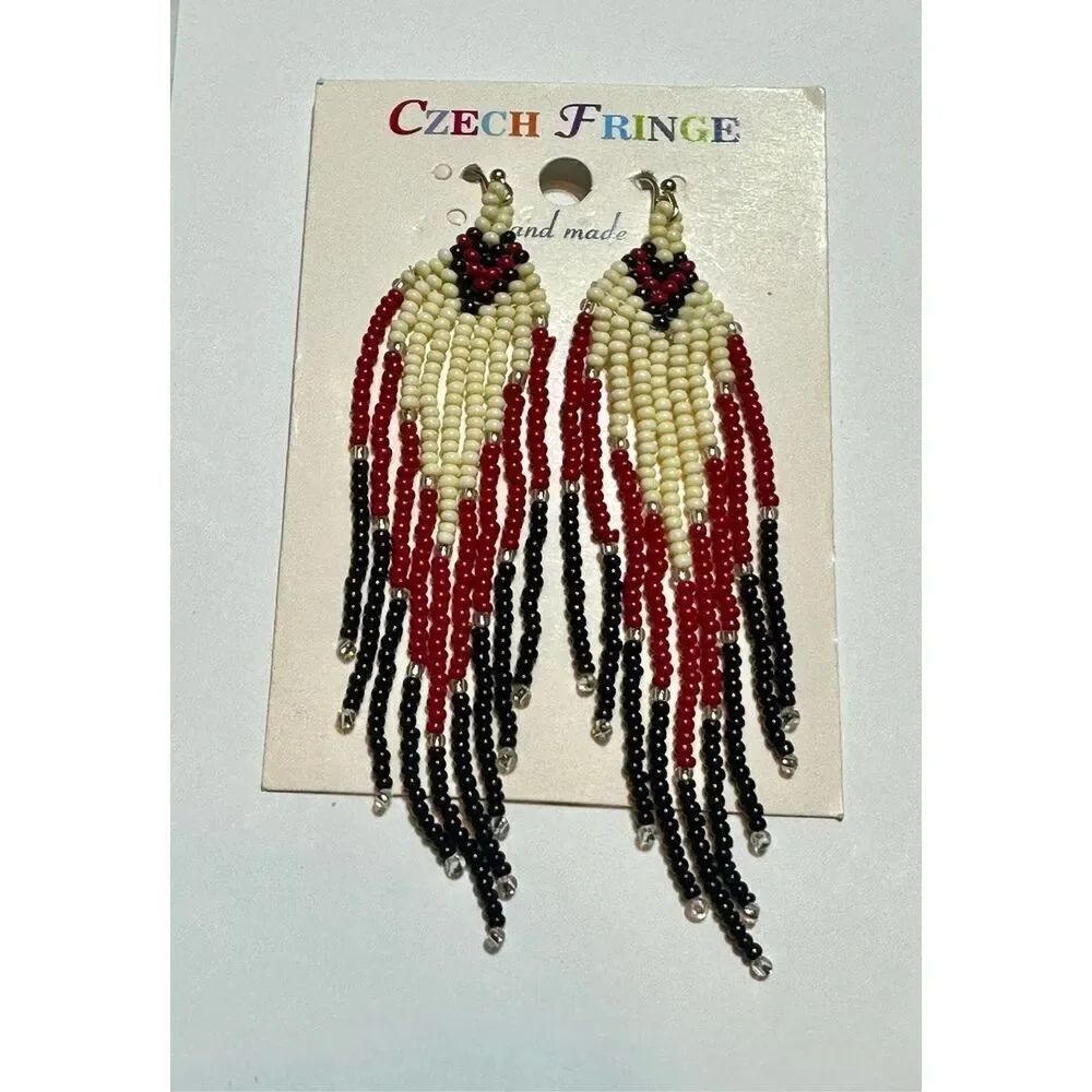 Czech fringe NEW Bead Seed Dangle Boho earrings red black native tribal style